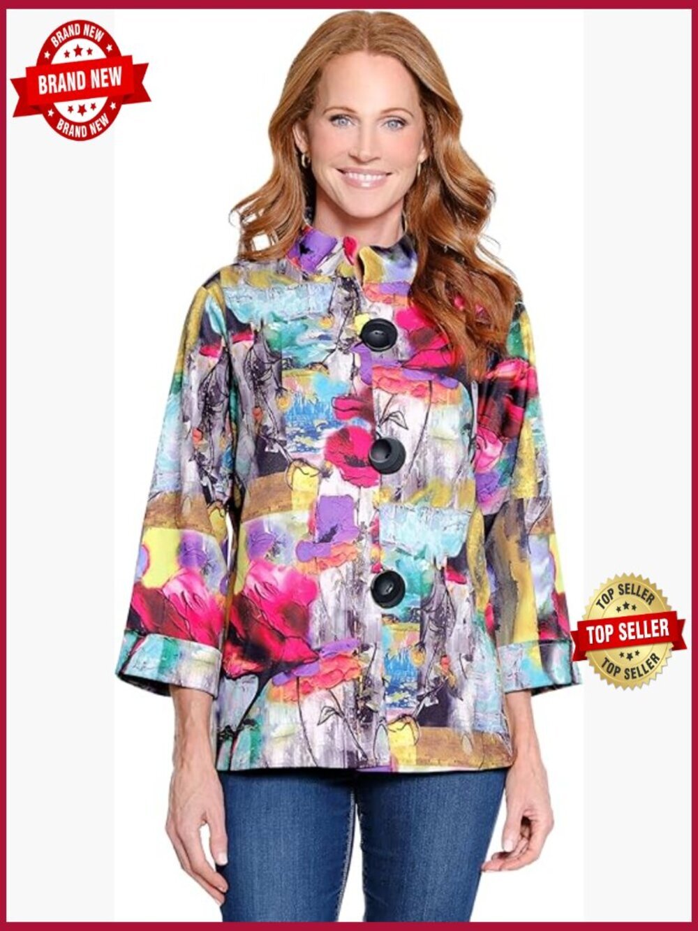 Woven Button Front Jacket Stand Collar 3/4 Sleeves Regular Fit